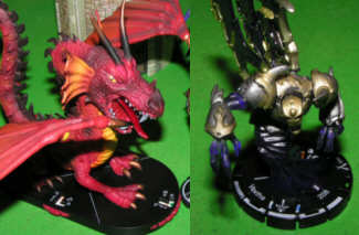 Links ein einzeln erhältlicher 'Great Fire Dragon', rechts ein 'Vextha' aus Dark Riders.